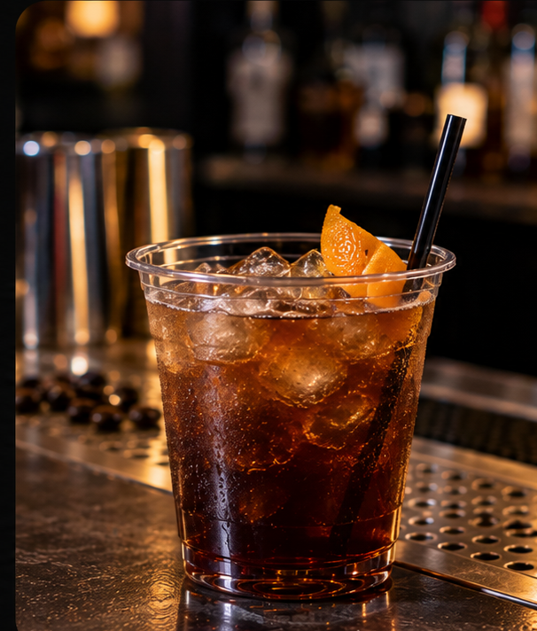 Signature cocktail in a clear plastic cup with orange garnish