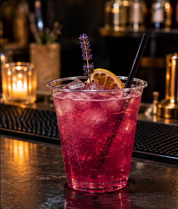 Signature cocktail in a clear plastic cup with blackberry and lavender