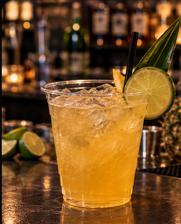 Signature cocktail in a clear plastic cup with lime garnish